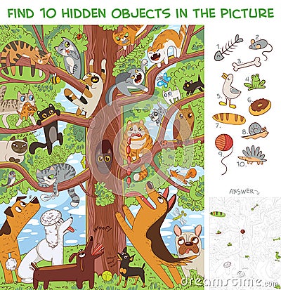 Cats are sitting on a tree. Find 10 hidden objects Vector Illustration