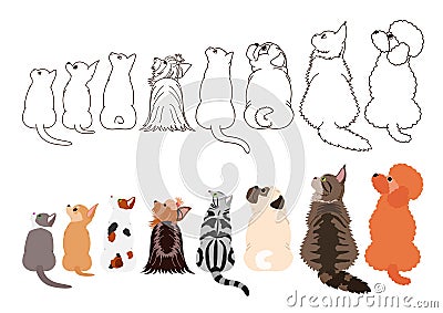 Cats and small dogs looking up sideways in a row Vector Illustration