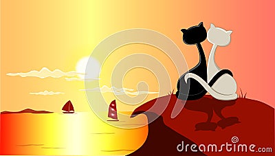 cats and sunset Cartoon Illustration