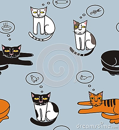 Cats think about fish, sausage, mouse, bird, bowl Stock Photo