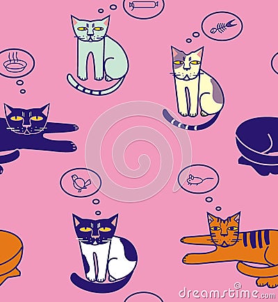 Cats think about fish, sausage, mouse, bird, bowl Stock Photo