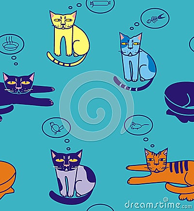 Cats think about fish, sausage, mouse, bird, bowl Stock Photo