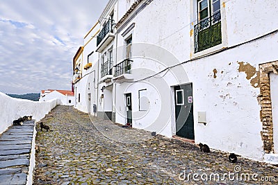 Cats on a typical narrow cobbled street in the ancient town of M Stock Photo
