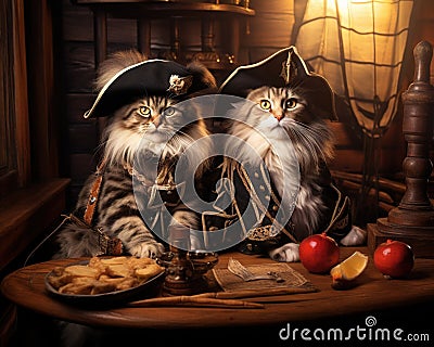 Cats wearing pirate clothes are sitting in an old tavern. Cartoon Illustration