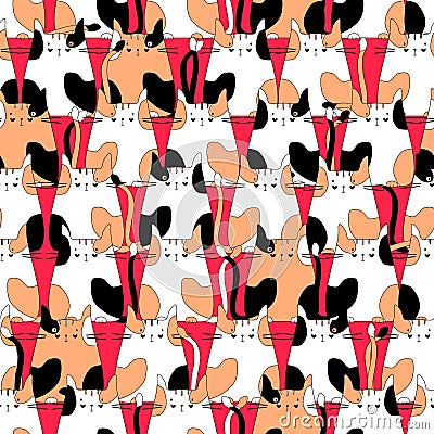cats white with red and black spots flat illustration hand drawing vector seamless pattern simple isolated sketch Vector Illustration