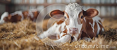 Cattle in a Barn Feeding on Hay in a Cowshed. Concept Livestock Farming, Cattle Feeding, Barn Stock Photo