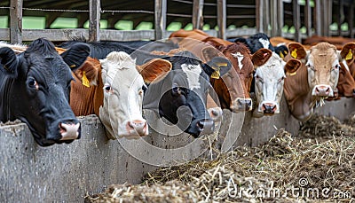 Cattle feeding on hay in cowshed at dairy farm for nutritious fodder consumption Stock Photo