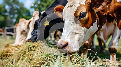 Cattle feeding on hay in a dairy farm cowshed, livestock consuming fodder in barn Stock Photo