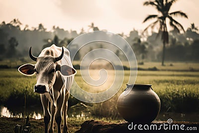 cattle pasture, Indian cow in the meadow.Generative AI Stock Photo