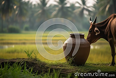 cattle pasture, Indian cow in the meadow.Generative AI Stock Photo