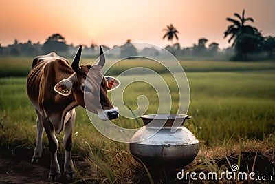 cattle pasture, Indian cow in the meadow.Generative AI Stock Photo