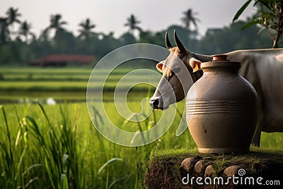 cattle pasture, Indian cow in the meadow.Generative AI Stock Photo