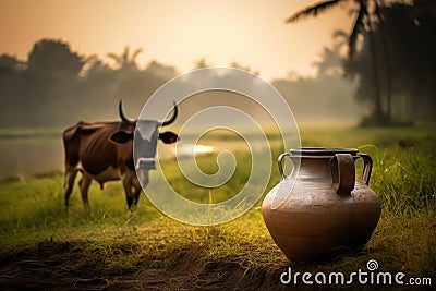 cattle pasture, Indian cow in the meadow.Generative AI Stock Photo