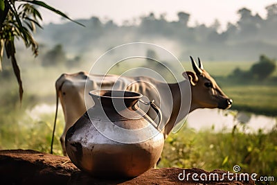 cattle pasture, Indian cow in the meadow.Generative AI Stock Photo