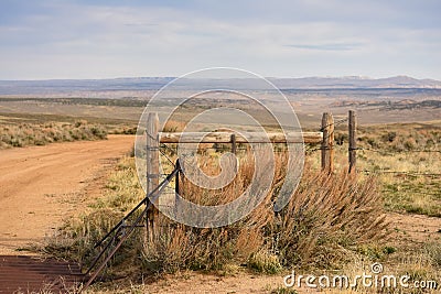 Cattleguard and Fence Barbed Wire Western Scene Stock Photo