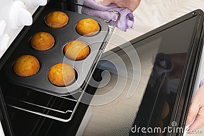 Caucasain woman holding tray with freshly made cupcakes or maffins at the kitchen Stock Photo