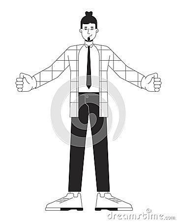 Caucasian adult employee standing with open arms black and white 2D line cartoon character Vector Illustration