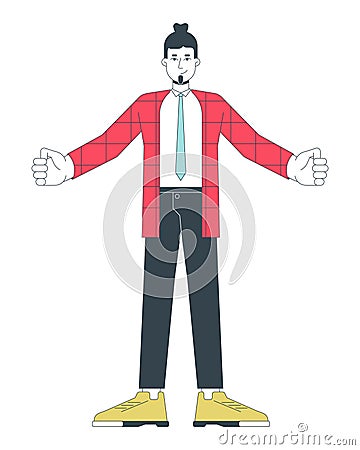 Caucasian adult employee standing with open arms 2D linear cartoon character Vector Illustration