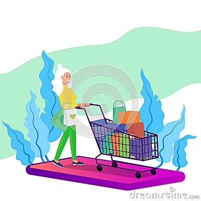 Caucasian adult woman walking with shopping cart full of purchases. Big smart phone below. Online shopping concept. Flat style Cartoon Illustration