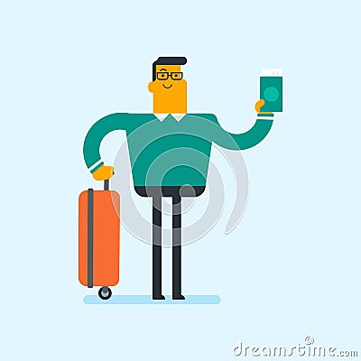 Caucasian airplane passenger holding a passport. Vector Illustration