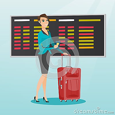 Caucasian airplane passenger holding passport. Vector Illustration