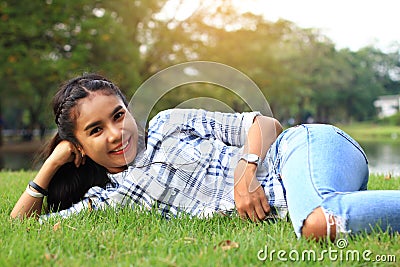 Caucasian alone woman and expression happiness with sleep and dream Stock Photo