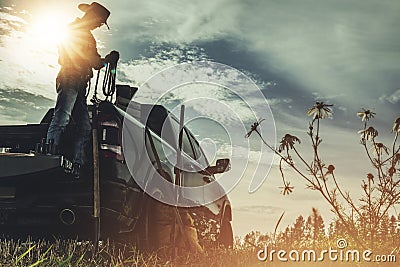 Caucasian American Cowboy Rancher and His Pickup Truck Stock Photo