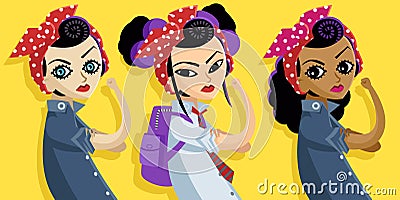 Caucasian asian and african feminist multicultural girls Vector Illustration