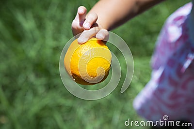 Caucasian baby girl keeps in hand fresh orange. Green blurred background. Healthy childhood concept. Kid and juicy fruit Stock Photo