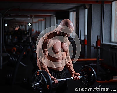 Caucasian bald topless man doing an exercise with a barbell in the gym. Bicep curls with weights. Stock Photo