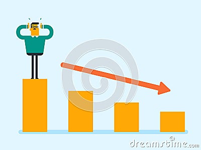 Caucasian bankrupt standing on chart going down. Vector Illustration