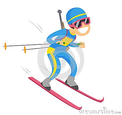 Caucasian biathlon runner running with a rifle gun Vector Illustration