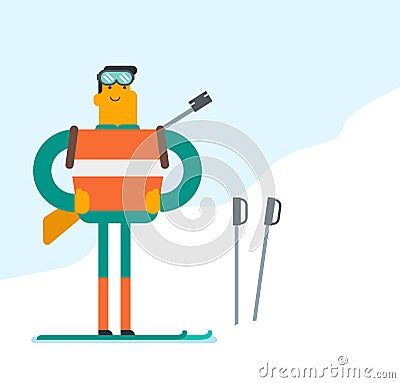 Caucasian biathlon runner standing in the mountain Vector Illustration