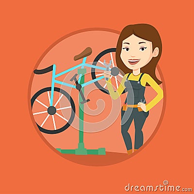 Caucasian bicycle mechanic working in repair shop. Vector Illustration