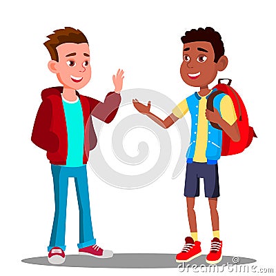 Caucasian Boy And Black Boy Greet Each Other, Friendship Vector. Multiracial. European And Afro American. Illustration Vector Illustration