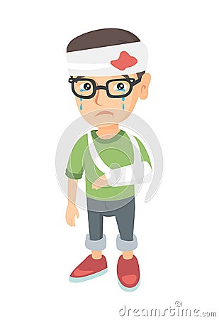 Caucasian boy with broken arm and bandaged head. Vector Illustration