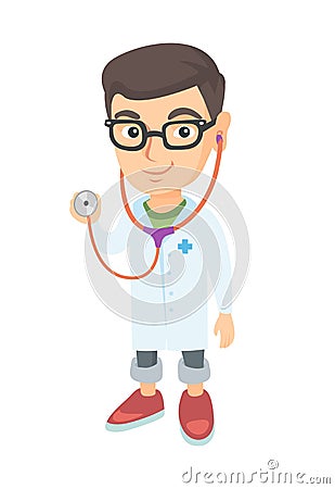 Caucasian boy in doctor coat holding a stethoscope Vector Illustration