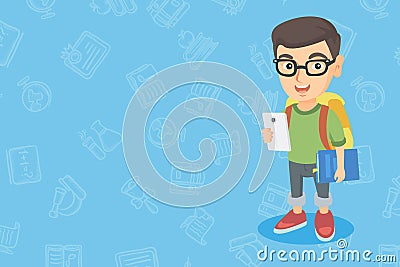 Caucasian boy holding cellphone and schoolbook. Vector Illustration