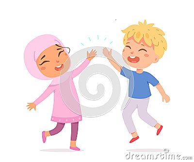 Caucasian boy and muslim girl giving high five to each other, happy kids meeting Vector Illustration