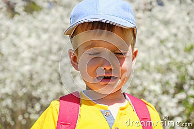 Caucasian boy portrait crying while standing up in park Stock Photo