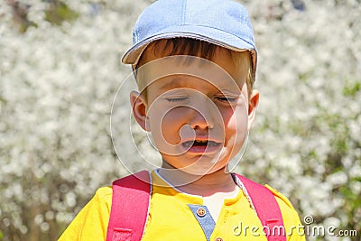 Caucasian boy portrait crying while standing up in park Stock Photo