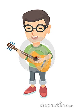 Caucasian boy singing and playing acoustic guitar. Vector Illustration