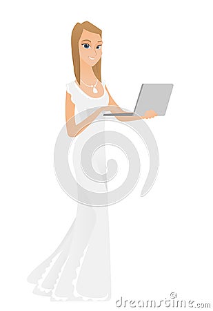 Caucasian bride in a white dress using laptop. Vector Illustration