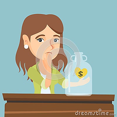 Caucasian broke woman looking at empty money box. Vector Illustration