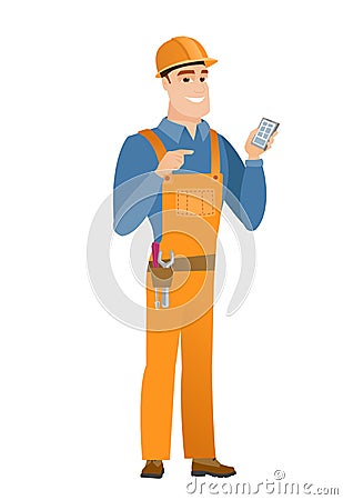 Caucasian builder holding a mobile phone. Vector Illustration