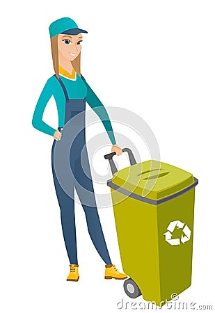Caucasian builder pushing recycle bin. Vector Illustration