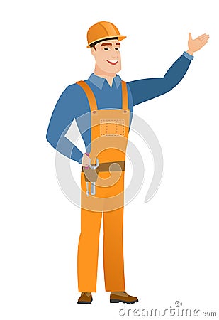 Caucasian builder showing a direction. Vector Illustration