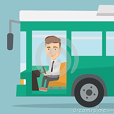 Caucasian bus driver sitting at steering wheel. Vector Illustration