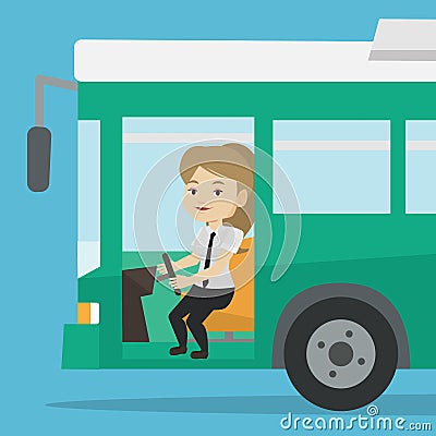 Caucasian bus driver sitting at steering wheel. Vector Illustration