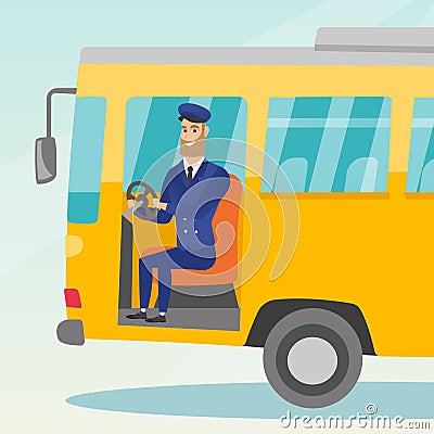 Caucasian bus driver sitting at steering wheel. Vector Illustration